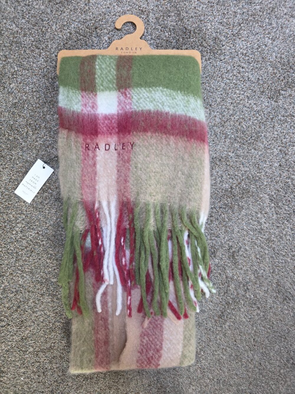 New Radley London Fluffy Check Plaid Fabric Large Scarf in Pale Silt